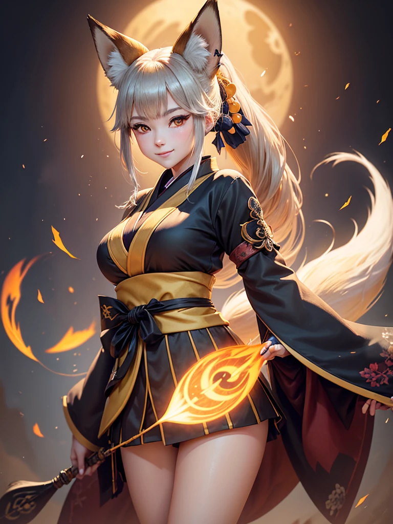 Fox-eared witch,(highest quality:1.2)、Girl with long brown ponytail、(Yellow fox ears)、(Fox Tail)、shrine、4K resolution、Traditional Japanese kimono like an onmyoji、Big Breasts、Illustrations similar to Genshin、Clothes like Kitasan Black、looking at the camera,Cool smile,Overall image,Don&#39;t show your hands,Expressing strength and courage