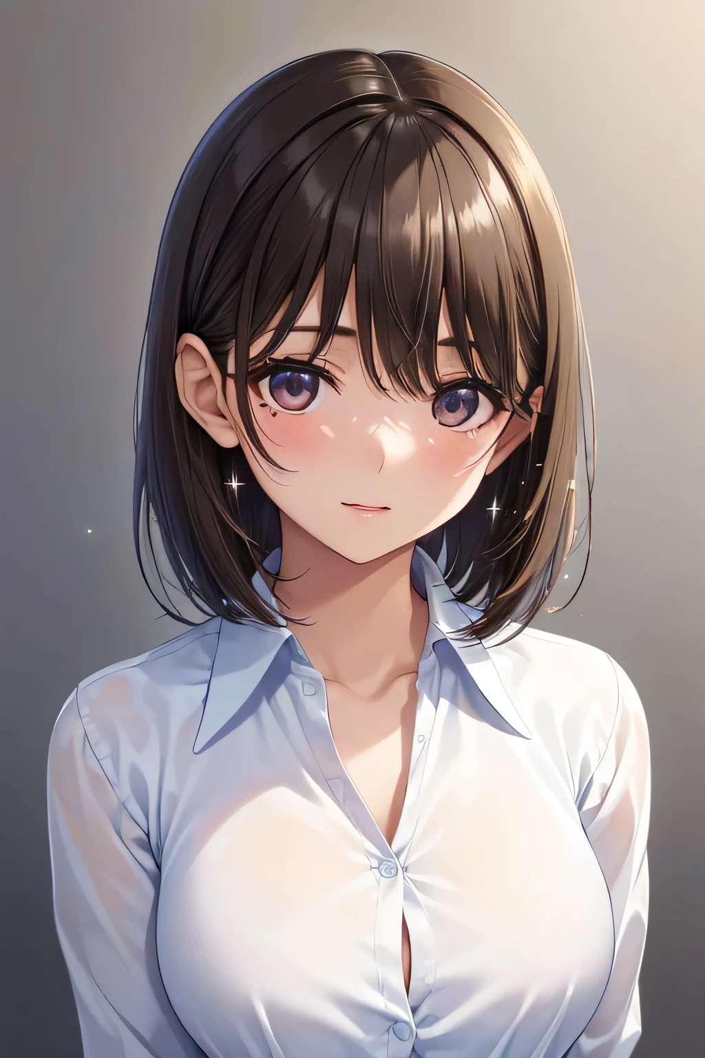 Nene Kasaki々、Shiny brown hair, short hair, (Beautiful brown eyes、Sparkling eyes, fine grain)、smile、Very fine eye、Highly detailed face, Highly detailed eyes,



(masterpiece、Highest quality、photoGenuineistic、High resolution、photograph、:1.3)、Very close up、Sharp focus、２0 year old beauty、Small face、No makeup、Hot Model、Highly detailed eyes and pupils、Genuine Skin、Slim figure、Shortcuts、Dark brown hair、Delicate and sexy face、Sensual Gaze、Glossy Lips、(He is wearing a white collared shirt with the top button undone.。.。.）、Large Breasts、Bust F cup、very good、Pendantware、((Genuine、Super Genuine、Genuine、Genuine details))、Cool Beauty、Sexy Style、Gray background