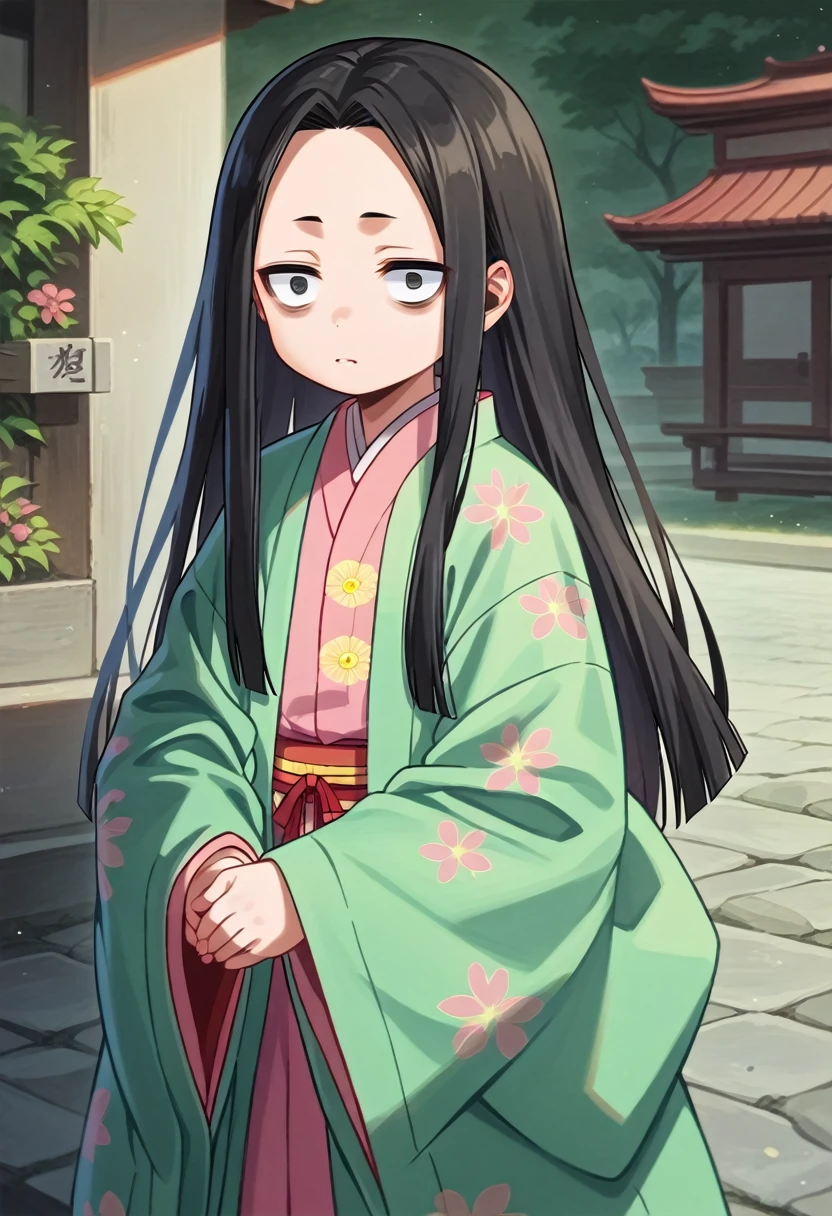 (masterpiece, best quality, very aesthetic, ultra detailed), score_9, score_8_up, score_7_up, 1 girl, intricate details, 4k, long hair, Fuji Forehead, Kurohime cut hair, parted bangs, black eyes, (squinched eyes:1.8), pink kimono, green kimono coat, put on coat, standing, outdoors,