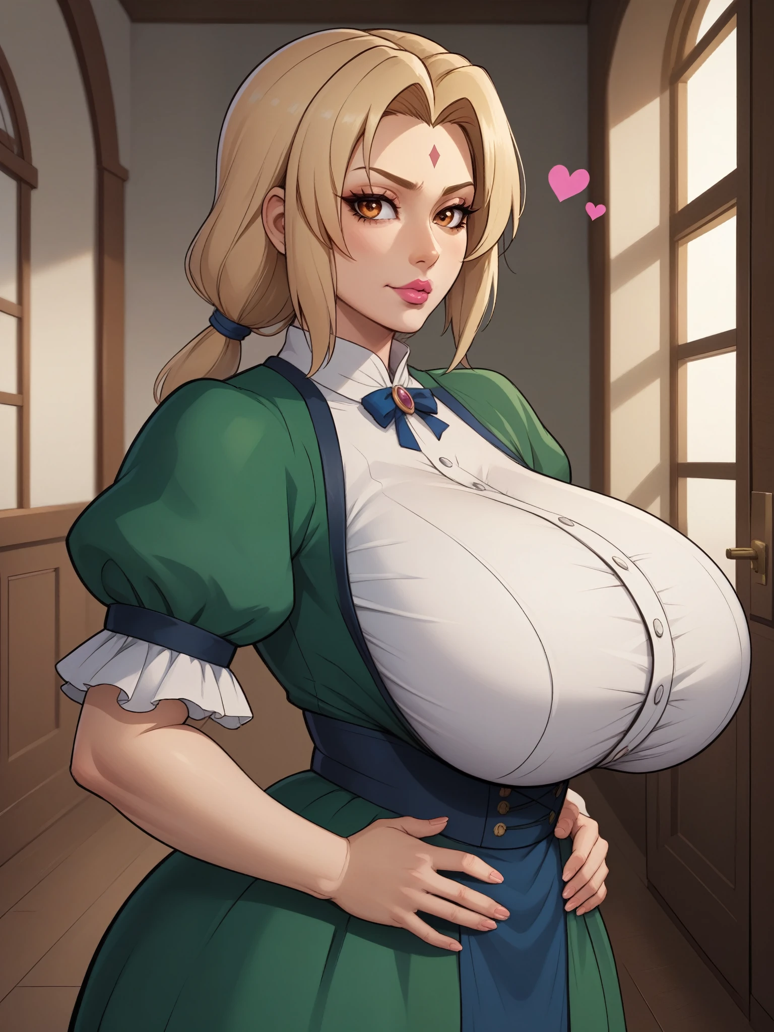 Tsunade Senju. Tsunade is already over 60 years old, but she is easily confused with a twenty-year-old girl. She has long, blonde hair tied in two ponytails. Her eyes have a pleasant coffee shade. Her lips are painted with pink lipstick. The character is short-tempered and impatient. Huge saggy breasts. bbw. Victorian Dress. heart