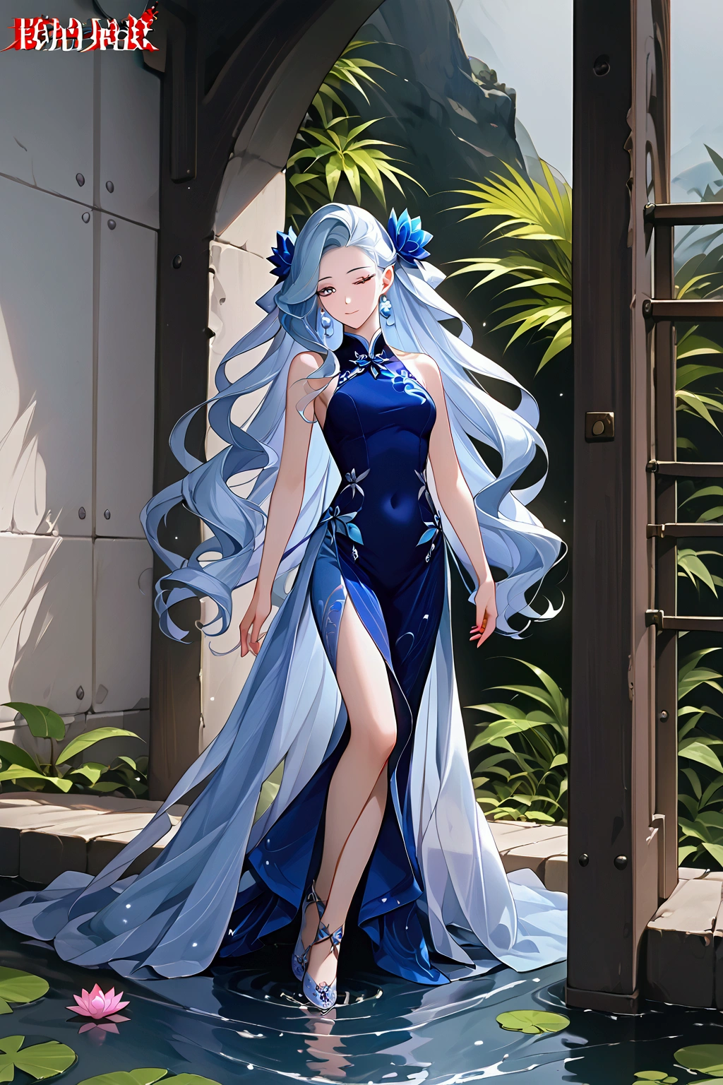 ptn,ptn,official art,game cg,(1girl:1.3),,close-up of a woman,detailed face,There is a blue dress,, a woman sitting on a rock in the water, standing elegantly on a lotus flower, ethereal beauty, wearing a blue cheongsam, court, a girl in Hanfu, wearing a blue cheongsam, full of fairy Xia, in the pond, white Hanfu, a stunning young ethereal figure, flowing dress, light blue, hair behind ear  