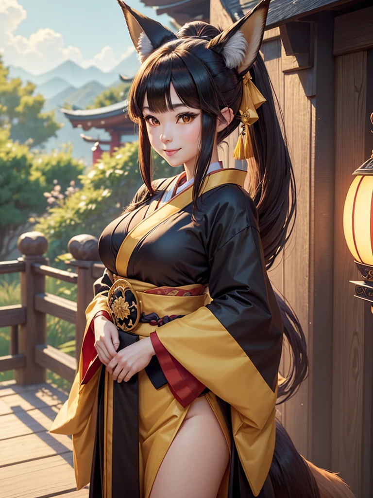 Fox-eared witch,(highest quality:1.2)、Girl with long brown ponytail、(Yellow fox ears)、(Fox Tail)、shrine、4K resolution、Traditional Japanese kimono like an onmyoji、Big Breasts、Illustrations similar to Genshin、Clothes like Kitasan Black、looking at the camera,Cool smile,Overall image,Don&#39;t show your hands,Expressing strength and courage