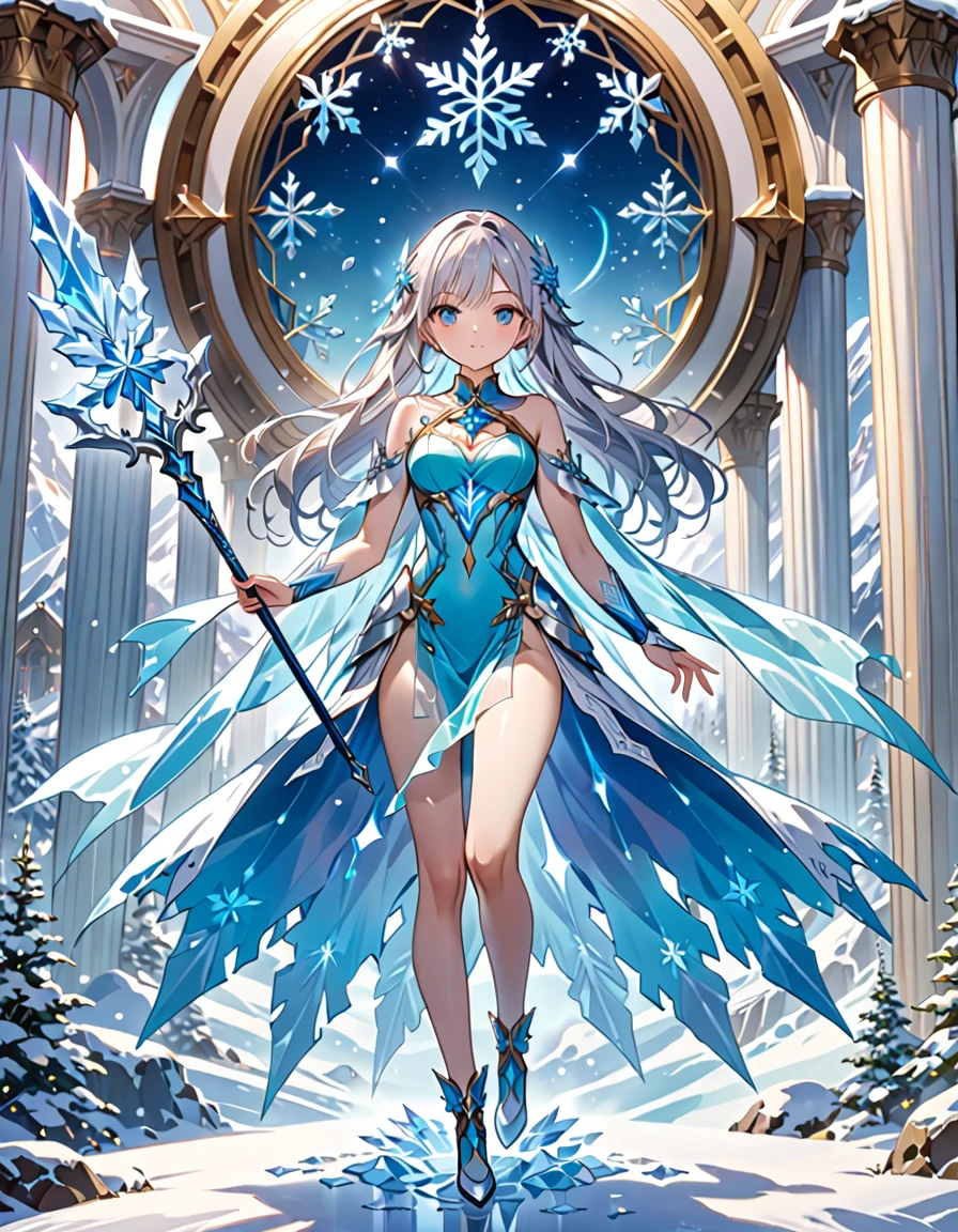 (((masterpiece, best quality, high detailed, 16k))) (1girl) A coldly beautiful goddess with long, glistening silver hair and icy blue eyes. She wears an armor made of translucent ice, decorated with frost patterns and snowflakes. Her presence chills the air around her, and she wields a shimmering ice staff that can freeze anything it touches. ((full body front view)), (extremely detailed:1.5)
