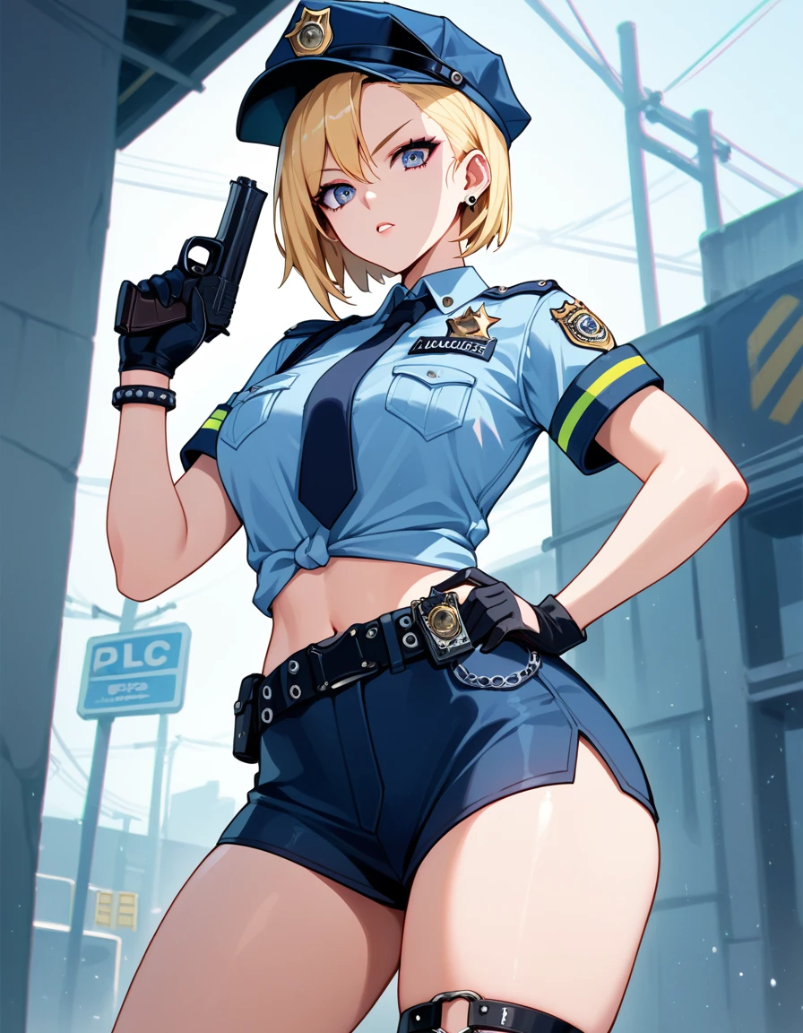 score_9, score_8_up, score_7_up, source_アニメ,cyber punk,police officer, woman, Short blonde, Pistol