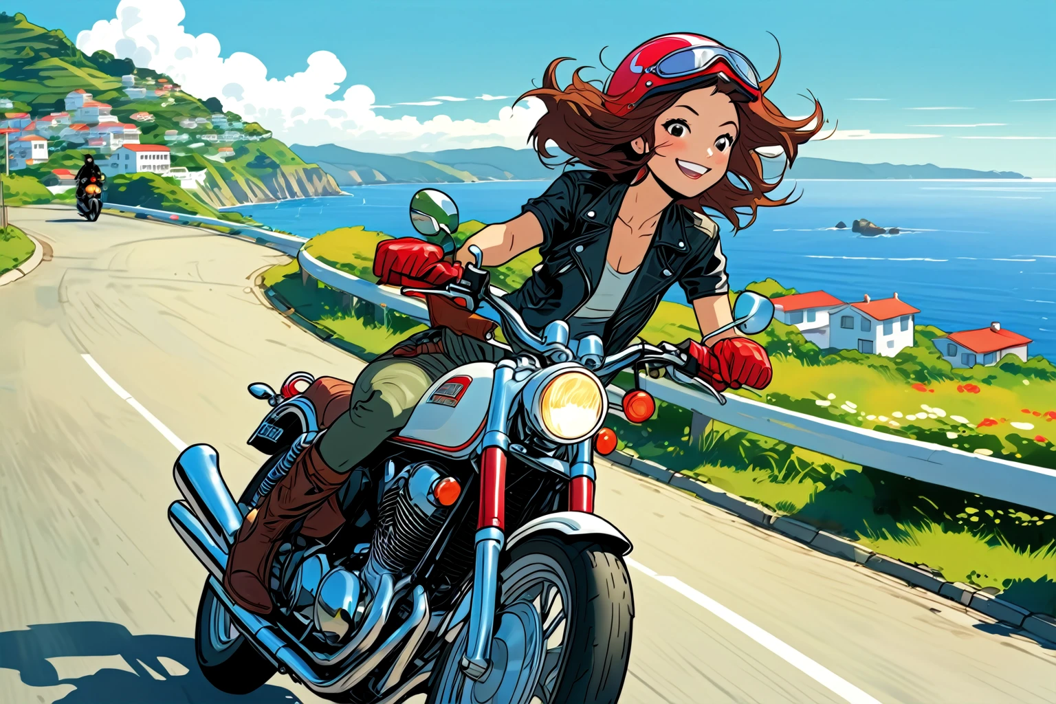 Anime style illustration of a Japanese girl riding a vintage motorcycle down a scenic coastal road. The girl is wearing a red helmet and leather gloves, smiling joyfully with her hair flowing in the wind. The background features a breathtaking view of a seaside town with white buildings, lush green hills, and a sparkling blue ocean under a clear, sunny sky. Puffy white clouds are scattered across the sky, and the road curves along the hillside, offering a perfect view of the coastline. The overall mood is energetic and carefree, capturing the thrill of a summer ride by the sea.