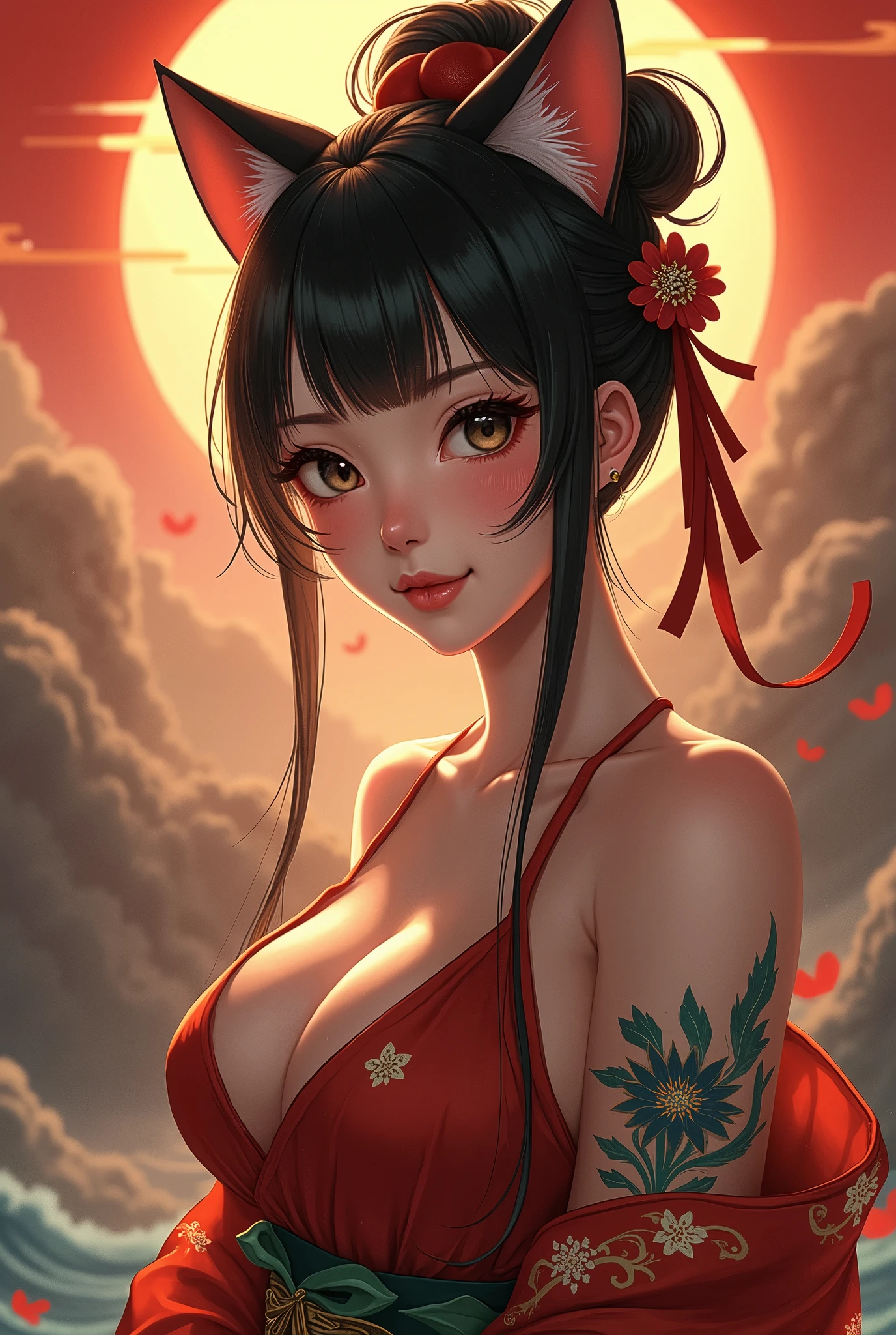 yor, Mature female, bangs, side locks, Red eyes, Black hair, hair adornments, Huge breasts,sportrait, (face:1.2), schoolgirls, ssmile,bare shoulders, Black hair, cherry blossom, cleavage, (gown:1.21), clavicle, Willow Branch, (masterpiece best quality :1.2),