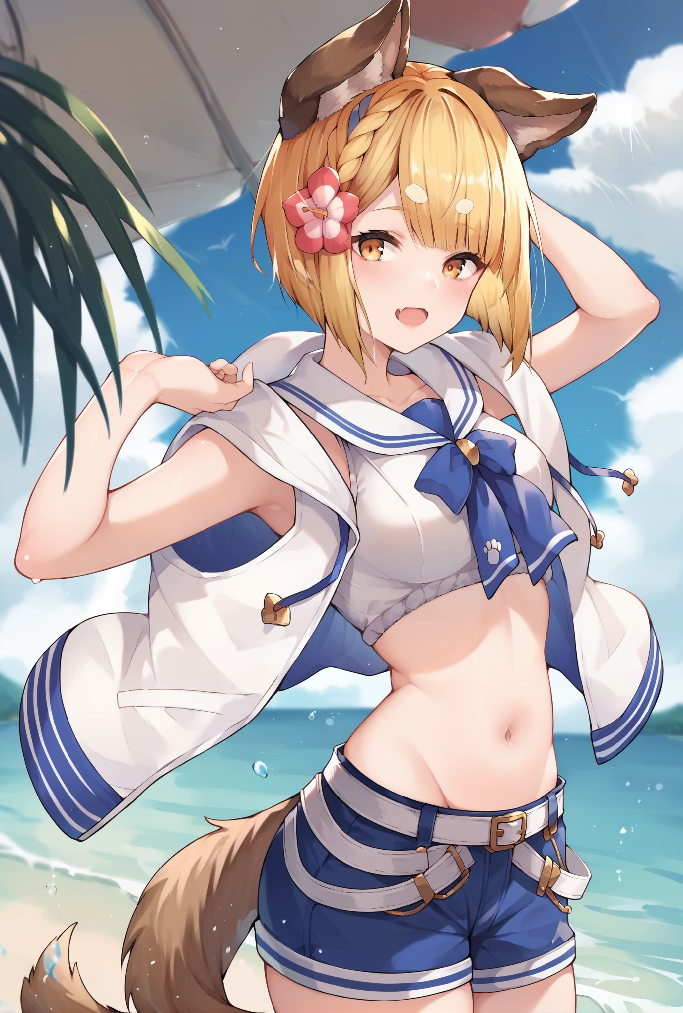 score_9, score_8_up, score_7_up, uncensored, source_anime, 1girl, vajrasu, dog tail, hair flower, blue shorts, white shirt, sailor collar, belt, white headwear, white sailor collar, blue sky, blurry, blurry background, cloud, cloudy sky, day, depth of field, outdoors, sky, water