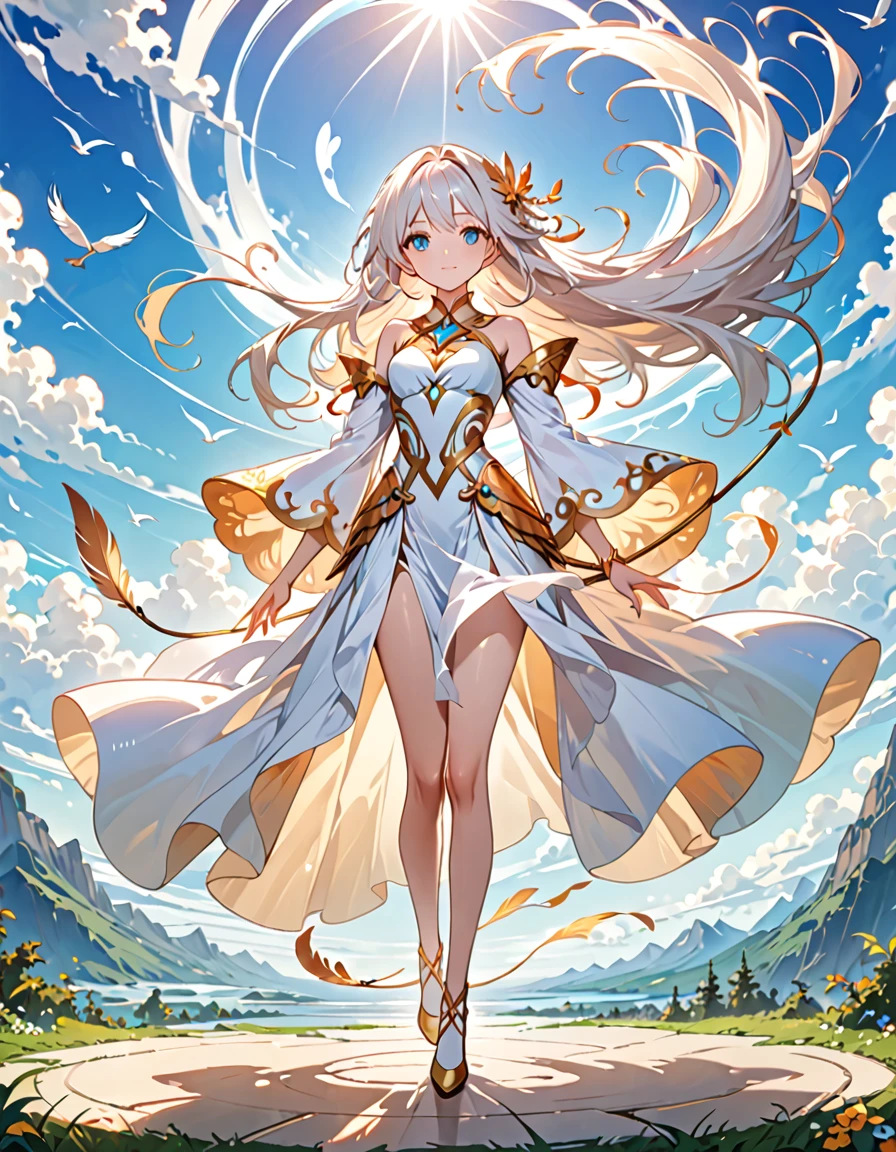 (((masterpiece, best quality, high detailed, 16k))) (1girl) A graceful and ethereal goddess with long, flowing white hair that moves as if caught in a perpetual breeze, and soft sky-blue eyes. She wears a light, airy armor that seems to be made of swirling wind and clouds. Her movements are as fluid as the wind, and she holds a staff adorned with floating feathers and gusts of air. ((full body front view)), (extremely detailed:1.5)
