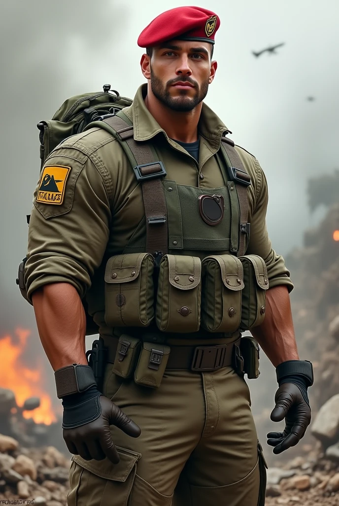 A very handsome big muscular man wearing a soldier combar uniform, with tactical gloves and paratroopers red beret, rolled up sleeves, showing biceps, background a battlefield