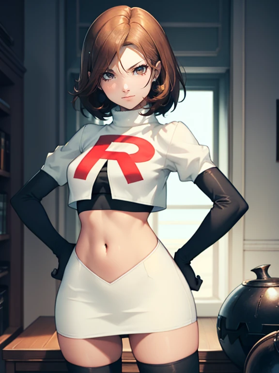 brown hair, short hair, glossy lips, eye shadow ,team rocket uniform, red letter R, white skirt,white crop top,black thigh-high boots, black elbow gloves, evil smile, evil face ,looking at viewer, cowboy shot, hands on hips