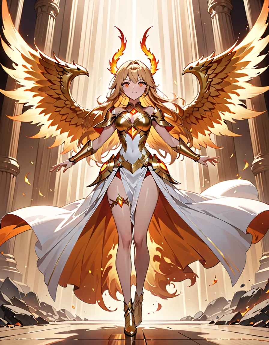 (((masterpiece, best quality, high detailed, 16k))) (1girl) A fiercely righteous woman with long golden hair and piercing amber eyes. She wears a pristine white and gold armor, with large, flaming wings. In her hands, she holds a blazing sword of divine fire, ready to deliver judgment. ((full body front view)), (extremely detailed:1.5)
