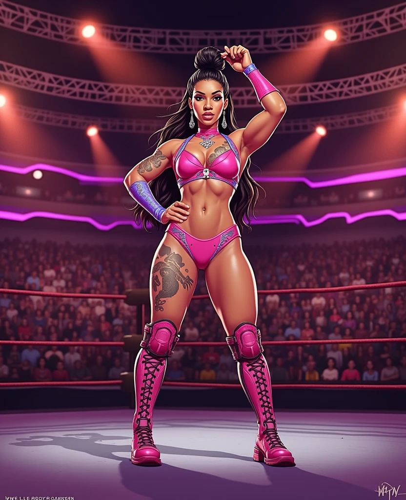 high quality, detailed image, Anime style, woman, dark skin, arrogant smile, in a dark purple bra looking like snake scales, in black tight shorts with dark purple seams, wearing UFC gloves, in knee-high boots, standing alone in the octagon holding his hands at face level in defense