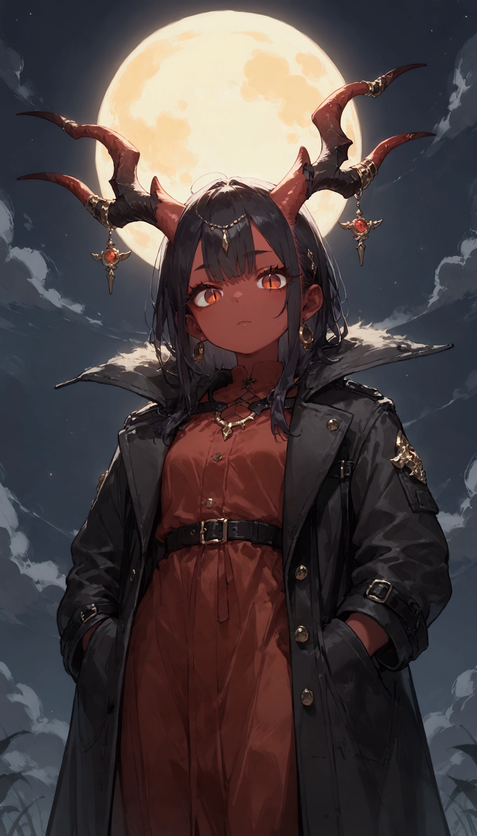 score_9, score_8_up, score_7_up, score_6_up, score_5_up, score_4_up,source_anime, source_furry,rating_safe, BREAK ,1girl\((red skin ogre\(horn\)),no clothes, long black hair, red slit eyes, long eyelashes,black trench coat\(long,(black:1.5)\), tanned skin, hands in pockets, lethargic face, dark circles under her eyes\) is looking down at viewer, many black feathers in the sky,golden hour,(very dark night:1.3),no light,(from below:0.5)