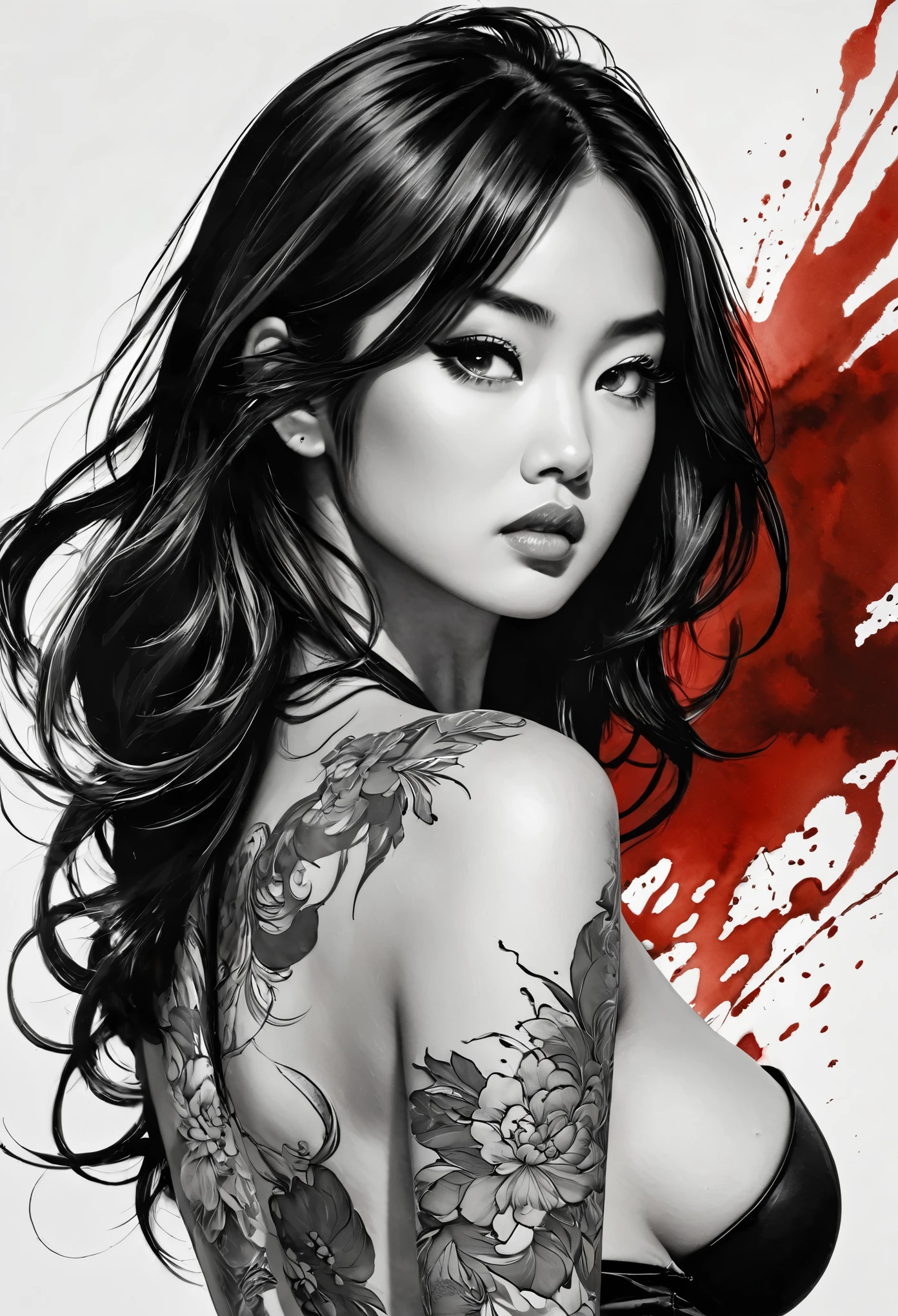 Uma linda mulher jovem asiatica inking,exaggerated expression,Elegant characters,inking,Bloodstain,Line contour,inking stain,Bloodstains de inking , obra de arte elegante com respingos de inking ao redor e na parte inferior da imagem com inking escorrendo