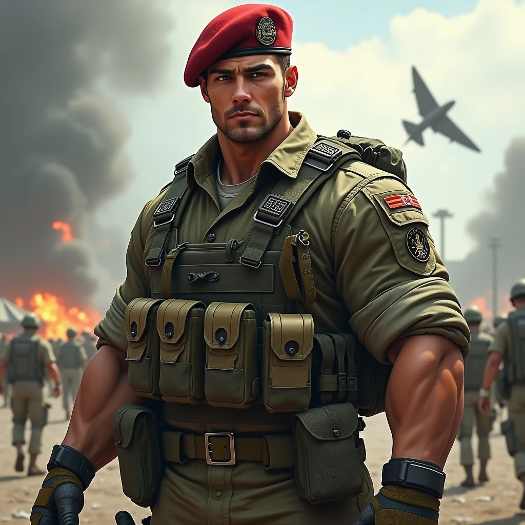 A very handsome big muscular man wearing a soldier combar uniform, with tactical gloves and paratroopers red beret, rolled up sleeves, showing biceps, background a battlefield