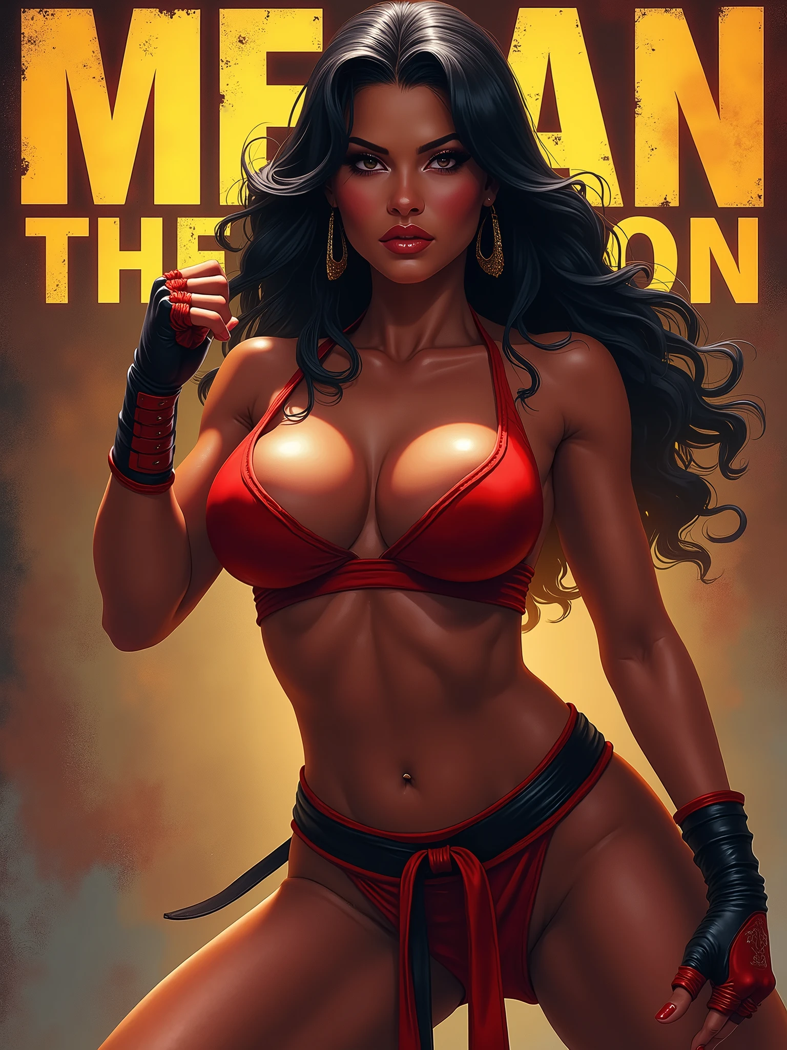 (((mulher))), (((melhor qualidade))), (((obra prima))), (((adulto))), (( close angle )), Uma mulher gladiadora loira, of 30 years with athletic body, arabic , capuz, (((sozinho))), (((1girl))) , Gladiadores do Brooklyn, quase nua no estilo selvagem urbano de Simon Bisley para a capa da revista Heavy Metal, cabelos moicanos, pose sensual, tiny leather panties, , Minimum clothing, black and red arabesque pattern, armadura, cheio de pontas e estrelas, (((do joelho pra cima))), mohawk hair with small braids, explosion of colors, Wowdk
