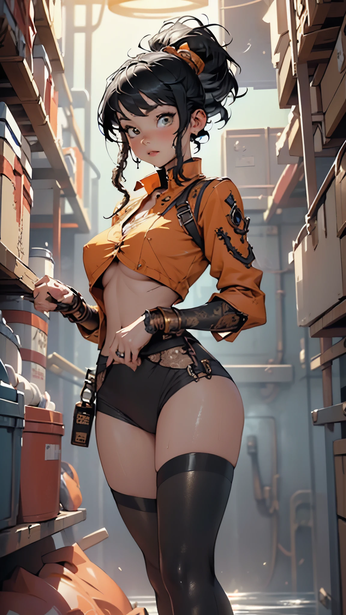 steampunk girl,(((1girl))),((beautiful girl with steampunk suit)),
(large breasts:1.4),saggy breasts,((((long twin braids,tight braids,long braid,braided hair,long hime cut,dark hair,black hair,colored inner hair)))),(((red_eyes:1.3))),intricate eyes,beautiful detailed eyes,symmetrical eyes,((fat)),(((lustrous skin:1.5,bright skin: 1.5,skin tanned,shiny skin,very shiny skin,shiny body,plastic glitter skin,exaggerated shiny skin,illuminated skin,wet legs))),(spider lower abdomen,narrow waist,wide hip,athletic body,inflated legs, thick thighs,detailed body,(detailed face)),
cute,slutty,seductive,erotic,(((nsfw))),
revealing clothing,show skin,((underboob:1.5)),(cleavage),((steampunk suit outfit, red steampunk suit,short sleeve steampunk suit)),(wearing a steampunk suit outfit:1.3,steampunk suit clothes),((zipper suit, zipper slightly unzipped))),((wet clothes,intricate outfit,intricate clothes)),
(dynamic pose:1.0),solo focus,embarrassed,(centered,scale to fit dimensions,Rule of thirds),
inside,indoor,((cozy steampunk room)),scenery:1.25,((intricate scenery)),((steampunk decorations)),
(Glossy steampunk ornaments),highres,sharp focus,(ultra detailed,extremely detailed),(photorealistic artwork:1.37),(extremely detailed CG unity 8k wallpaper),(((vibrant colors,vibrant theme))),(intricate),(masterpiece),(best quality),artistic photography,(photography taken by sldr),(intricate background),perfect rendered face,perfect face details,realistic face,photo realistic,((intricate detail)),(((realism))),