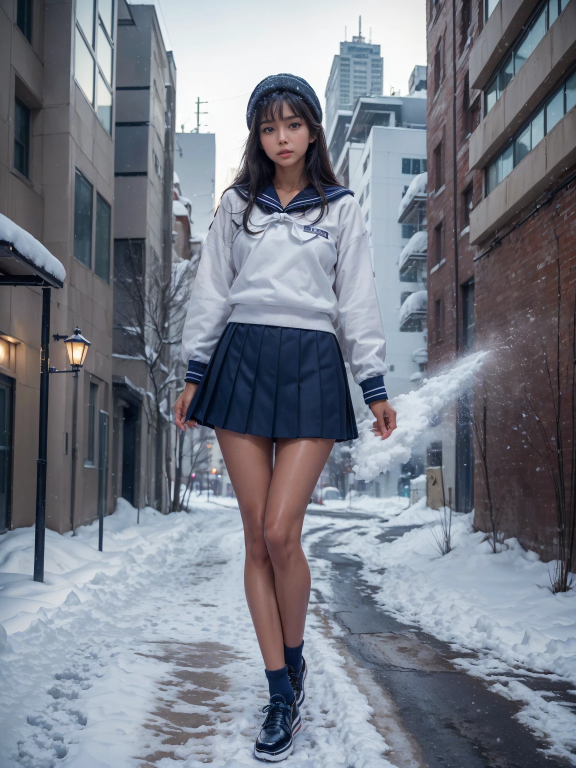 (in 8K、RAW Photos、top-quality、​masterpiece:1.2), (realisitic、Photorealsitic:1.37), ultra-detailliert, high resolution, (1girl in:1.3), a closeup, Raw feet,  japanese, (beautiful legs:1.3), (slender girl:1.3), a beauty girl, a cute girl, (Thin legs:1.3), (a sailor suit:1.3) , (high-school girl:1.3), JK, Ultra mini skirt, pleated skirt, Short socks, Tri-fold socks, white sock, Full body, (standing:1.2), winter, (city street background:1.2), (tanned_skin:1.5), (dark_skin:1.5), (roafer shoes:1.3), winter, snow,  light color hair, (snow falling : 1.3), (navy skirt:1.3)