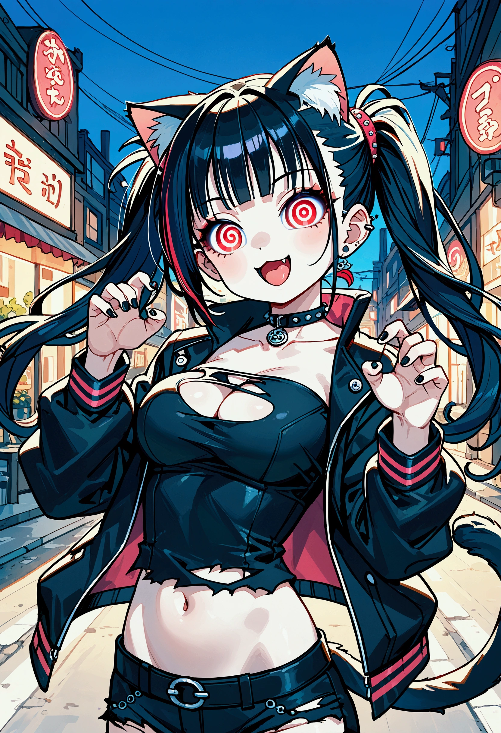 solo,1girl\(cute, kawaii, ,(evil smile:1.2),open mouth, tongue, (black hair:1),(long hair),(twin tails hair),pale skin, skin color blue, red eyes, eyes shining, (big eyes),(breast:1.4),(punk fashion:1.6),(ripped clothes:1.5),(tight tube top),(tight hot pants),(stomach shown:0.8),(ripped black short jacket:1.4),(fluffy black cat-ear:1.4),(dynamic pose:1.4), spiralwash eyes, spiral eyes,bang\), BREAK ,background\(outside, noisy city, backstreet, narrow street, neon lights, at night\),score_9, score_8_up, score_7_up, score_6_up, score_5_up, score_4_up, source_anime,source_furry,rating_safe,rating_questionable,masterpiece, best quality, perfect anatomy , very aesthetic , absurdres ,