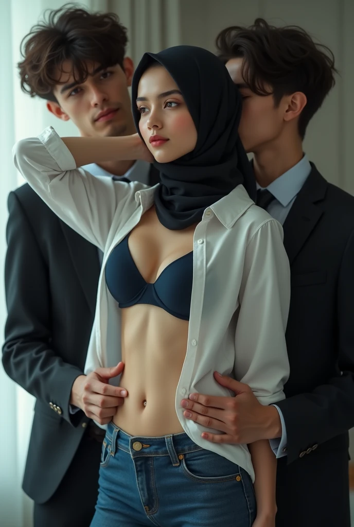 52 years Old, Hijab Indonesian mature woman, Big  : 96.9, ((Long-sleeveles Shirt, Unbuttoned Shirt)), Busty body, Breast about To burst out, at Abandoned School Corridor, Bright light, at Daytime, Having Moleister by her student, male student groping woman breast from behind, male student helping open-up woman shirt from behind, male student squeezing woman breast from behind, male student touching woman pelvic from behind.