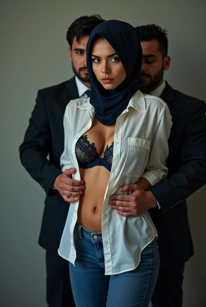 1 handsome men 40 years old with slick back hair hugging 1 gorgeous malaysian hijab girl 18 years old, she wears sexy lingerie, sexual desire, masterpiece, maximum resolution, eyes closed, sexy legs, masterpiece, maximum resolution, hyper realistic photo, bedroom, perfect anatomy, full view, full shot, her legs are so sexy, she wears hijab