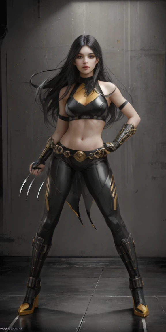 ((Full body photo, standing, feet on the floor)) (artwork:1.2),(lineart:1.33), (hyperdefined),(inked-art), photo of a beautiful (laura_kinney), (claws), midriff, navel, pants, (abs:0.7), (medium shot), cowboy shot, masterpiece, best quality, superhero costume, wolverine, complex lighting,ultradetailed,(fine-details:1.2),absurdres,(atmosphere), (flat saturated bright colors), yellow, red, orange tones,