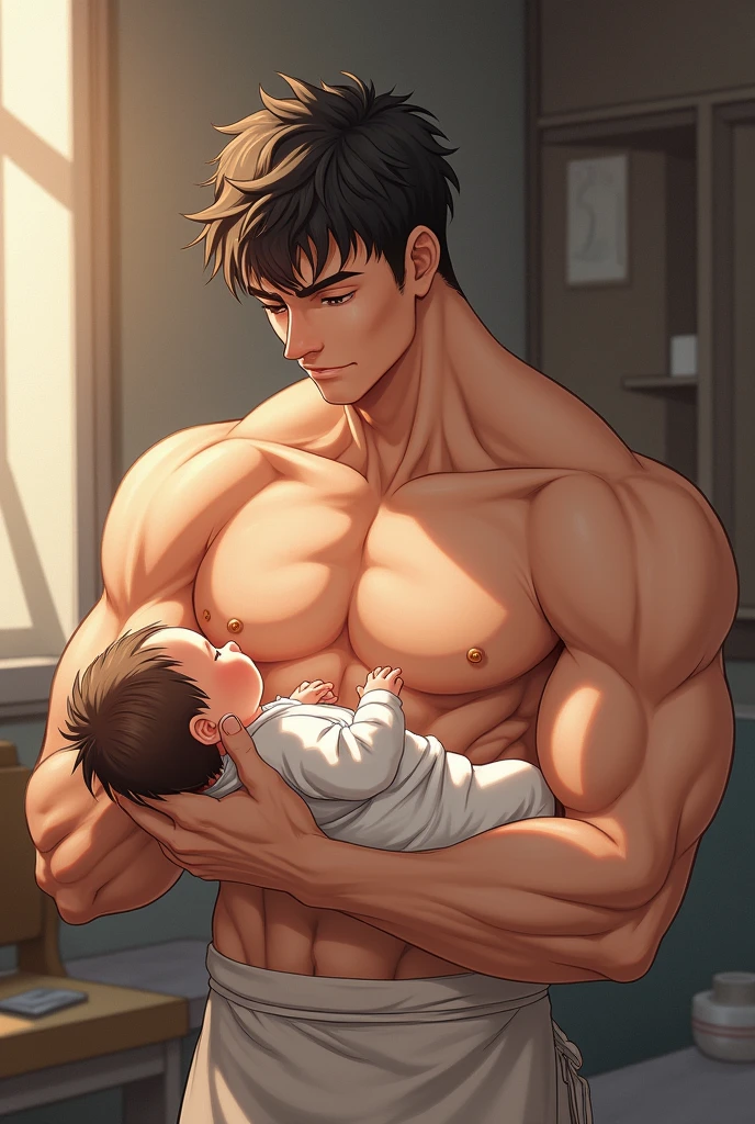 naked hunk father laying next to his little boy son.(( he cuddle , hug , kiss have sex with his crying boy )), by drop out hentai, dad have a huge dick, perfect anatomy, 4k art, colorful