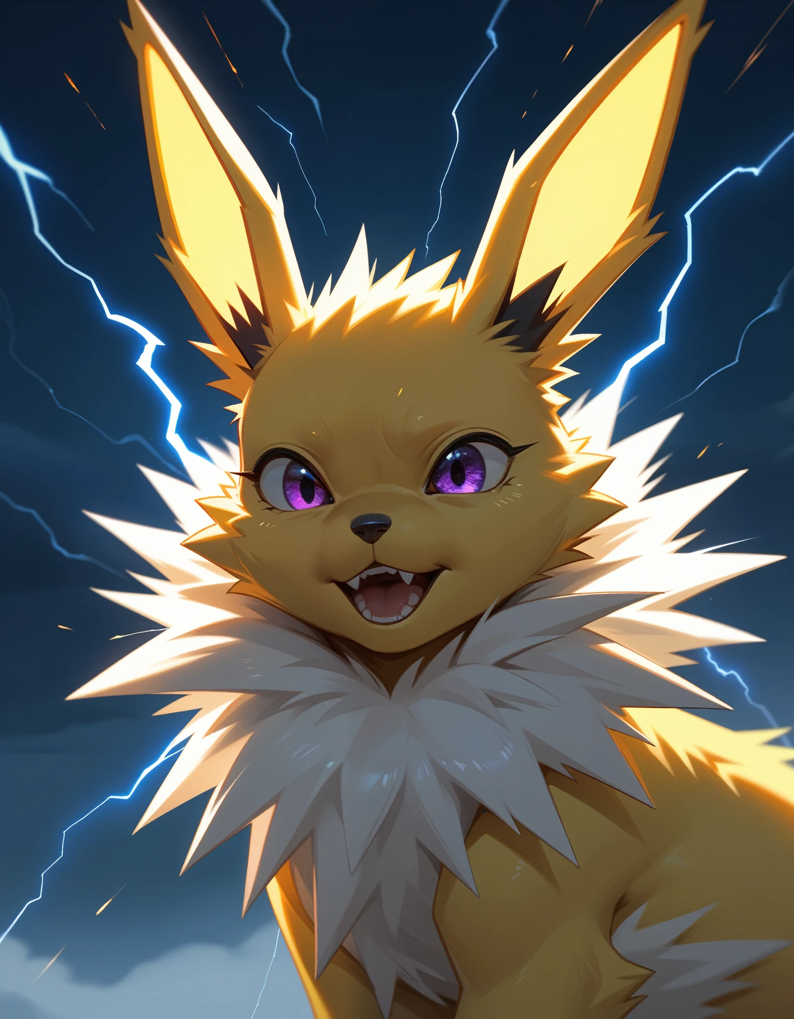 score_9, score_8_up, score_7_up, close-up, ((Jolteon)) captured mid-action, its fur crackling with energy as vibrant sparks dance around its body, illuminating the dark surroundings, the stormy sky looms overhead, heavy with swirling clouds, while flashes of lightning create a dramatic backdrop.