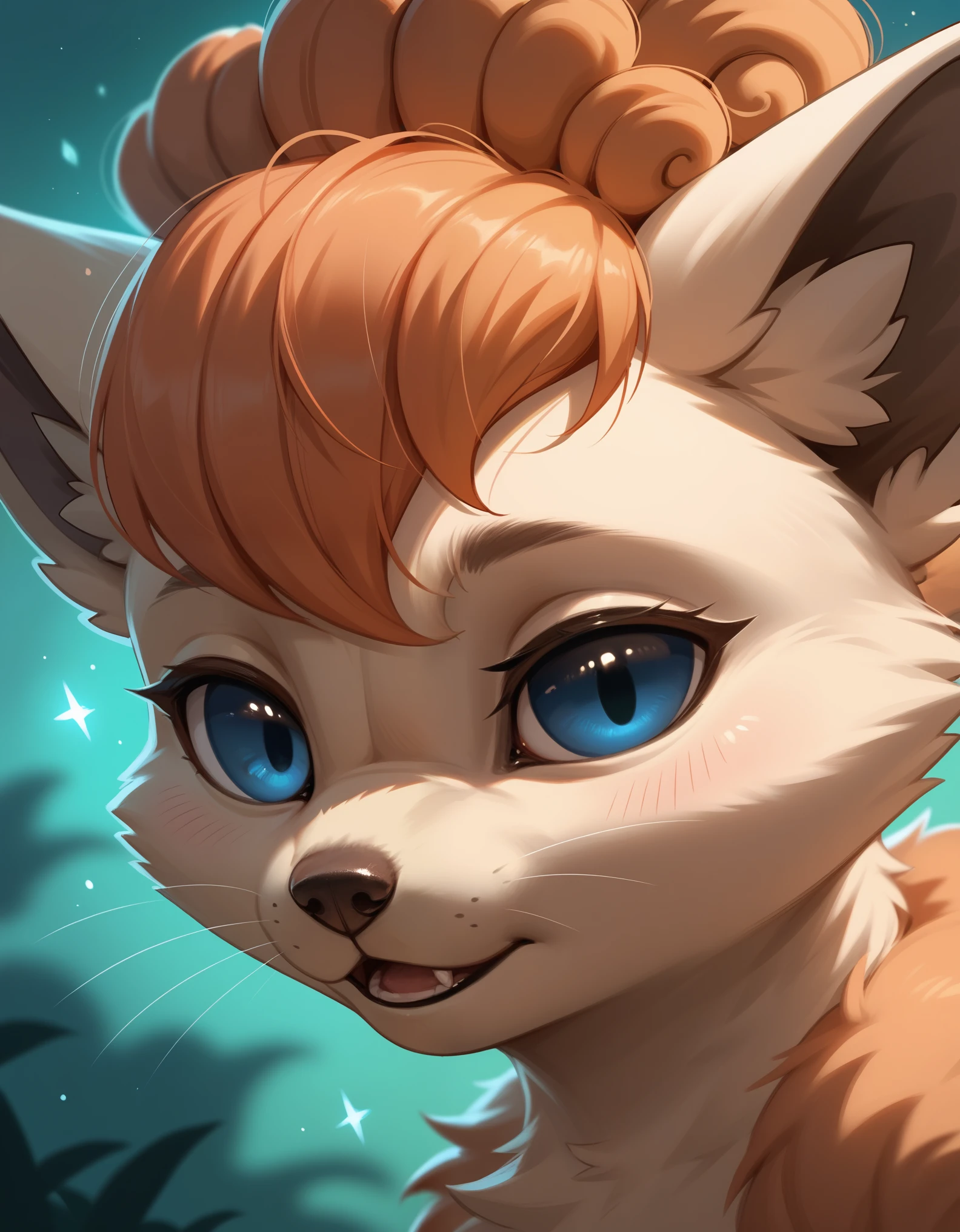 score_9, score_8_up, score_7_up, close-up, ((Vulpix)) playfully chasing fireflies in a moonlit meadow, her tails glowing softly in the dim light.