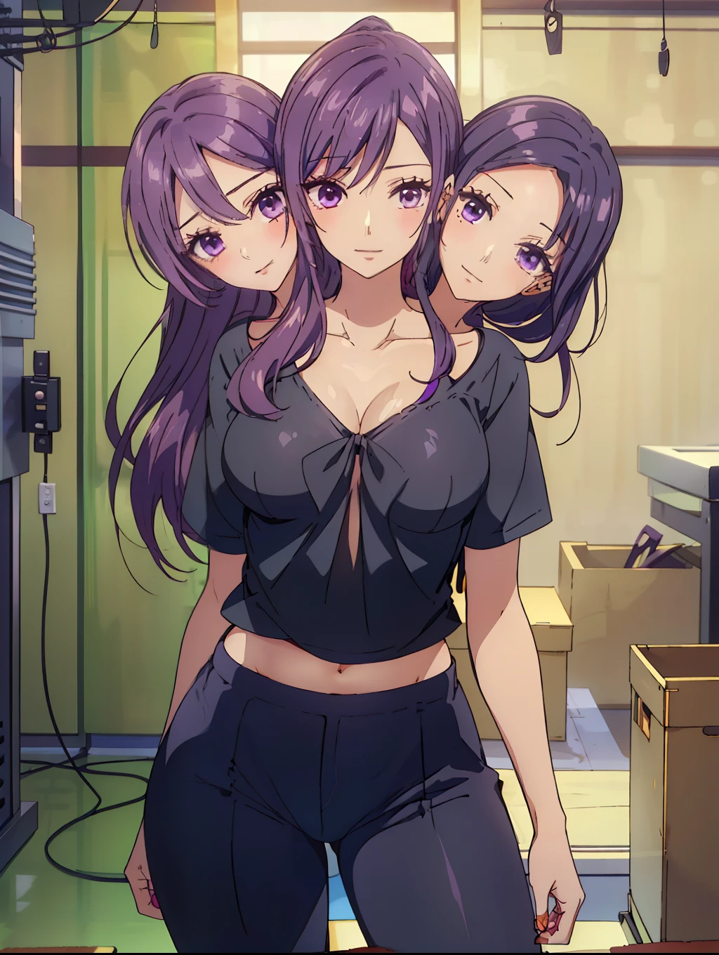 ((best quality), (high quality), (detailed), (masterpiece), good artist, (3heads:1.5), 1girl, ((violet hair)), magenta eyes, headbands on each head, (same hair color), casual wear, gentle smile, ((factory workplace background)), (purple t-shirt), black pants, A girl with beautiful detailed eyes, (detailed hairstyles), strong and confident expressions, exposed midriff, strong and confident expressions, exposed midriff, sexy body and face, perfect body, beautiful symmetric body, sexy body, sexy girl, beautiful body and face, sexy hot body, very sexy pose