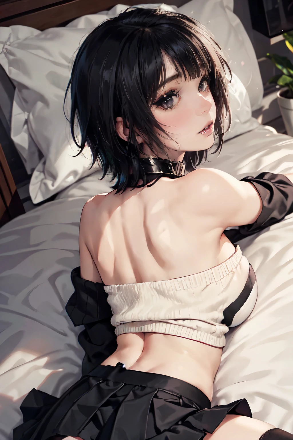 Girl, woman, emo_hairstyle, black lipstick, dog collar, eyeliner, eye shadow, smoky eyes, realistic lighting, short hair, cleavage, sleeveless midriff sweater, off shoulder, strapless, shiny skin, arched back, big breast, short skirt, prone, lying, on stomach, bed, thick thighs, thighhighs. Dog, back, from behind.