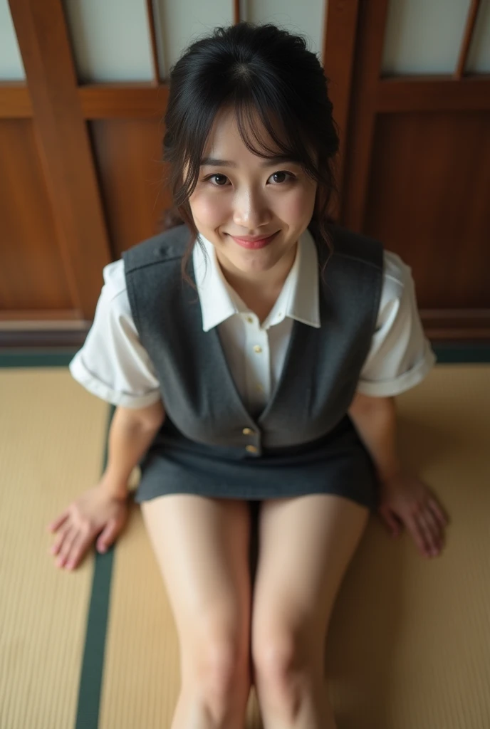 ((highest quality、8k、masterpiece:1.3)),((((cowboy shot)))),Ultra-high resolution,big eyes,Japanese,bangs,(a girl),(1 girl),((20 years old)),((facing at viewer)),(long hair),(((black school uniform))),((sitting on chair)),(((open leg))),grin,(pleated mini skirt),((white floral pattern panty)),((skirt lift))