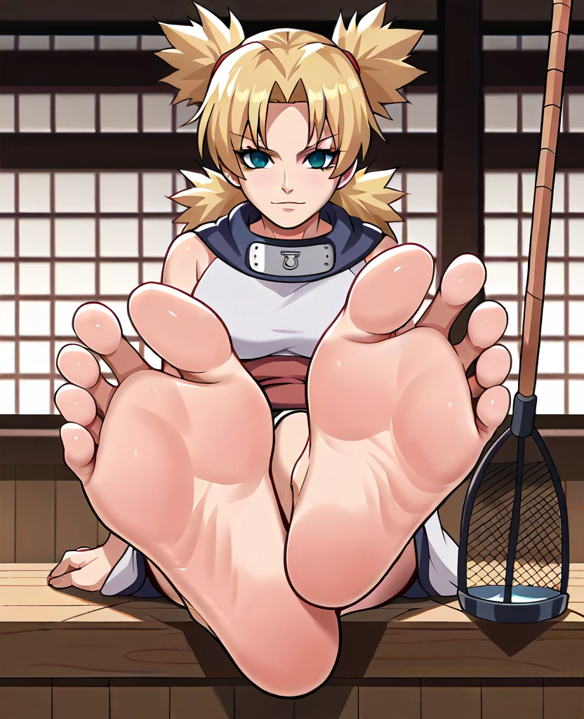 1 Girl,  Temari，Blonde Hair, Four tails, blue eyes, Fishing Net, Purple attire, sash, Line Art, lol, Front view, In a Japanese bar, Vivid colors, masterpiece, best quality, HD, sit, Foot Focus，barefoot，Soles，Five toes，Correct feet