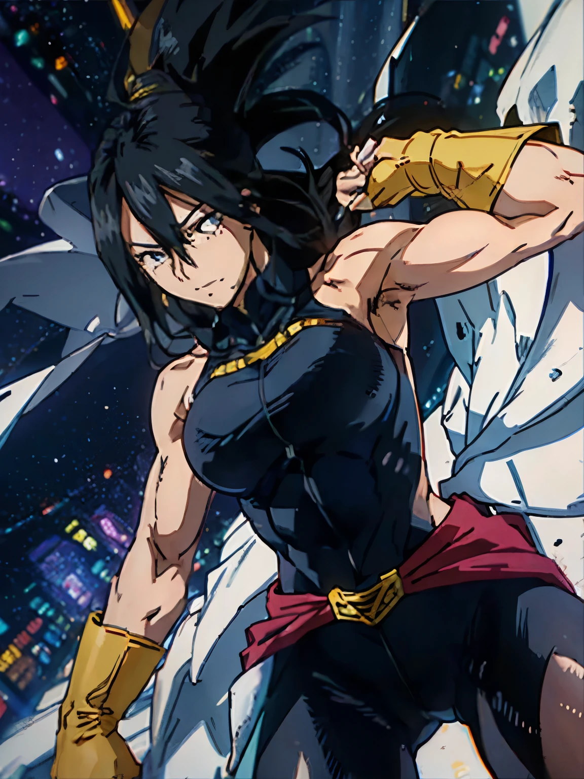 best qualityer, work of art, nana shimura, shot from below, muscled body, full costume, delivering a fatal punch 
