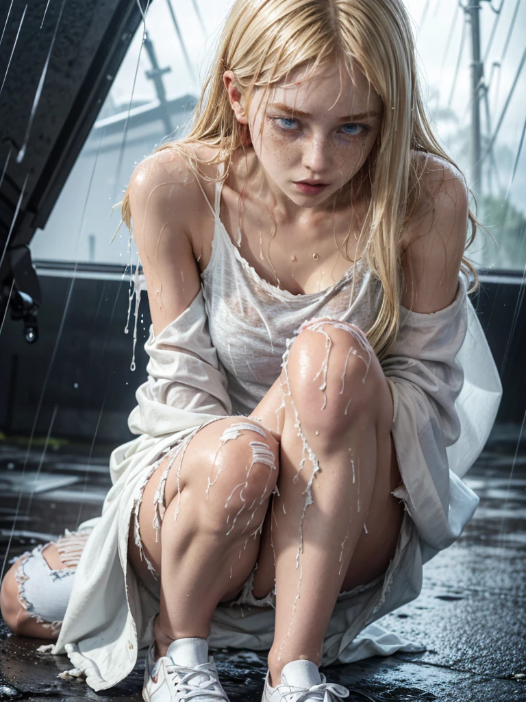 blonde girl, White shirt, ripped jeans, White shoes, dark, darkness, despair, pity, poor, movie, tears, tears, (torn clothes:1.5), (wet clothes:1.4), bare shoulders, real rain, wet hair,..
INFO
