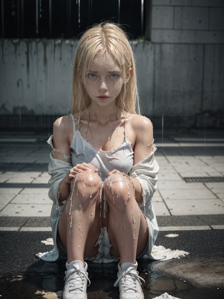 blonde girl, White shirt, ripped jeans, White shoes, dark, darkness, despair, pity, poor, movie, tears, tears, (torn clothes:1.5), (wet clothes:1.4), bare shoulders, real rain, wet hair,..
INFO
