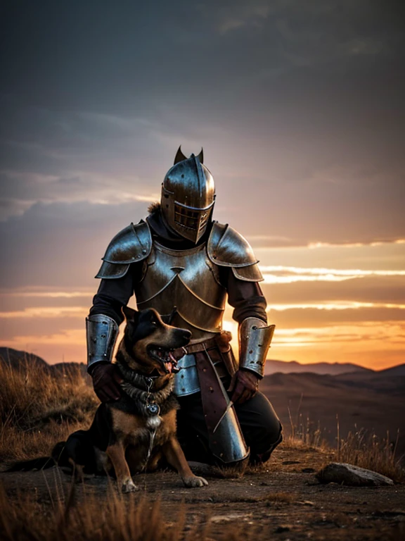 In a vast, desolate wilderness, a lone knight clad in weathered armor kneels beside a loyal dog. The knight's hand, rough from battle, gently strokes the dog's fur as they both rest under the open sky. The knight's expression, softened by the companionship, contrasts with the harsh, rugged landscape around them. The sun sets in the distance, casting a warm glow across the barren land, creating a serene moment between the knight and their trusted canine companion in the solitude of the wild."

This prompt captures a calm, tender scene between a knight and their dog, set against a wild and expansive backdrop.