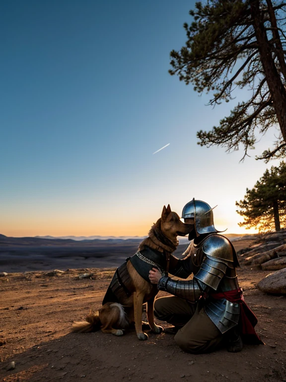 In a vast, desolate wilderness, a lone knight clad in weathered armor kneels beside a loyal dog. The knight's hand, rough from battle, gently strokes the dog's fur as they both rest under the open sky. The knight's expression, softened by the companionship, contrasts with the harsh, rugged landscape around them. The sun sets in the distance, casting a warm glow across the barren land, creating a serene moment between the knight and their trusted canine companion in the solitude of the wild."

This prompt captures a calm, tender scene between a knight and their dog, set against a wild and expansive backdrop.