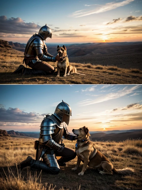 In a vast, desolate wilderness, a lone knight clad in weathered armor kneels beside a loyal dog. The knight's hand, rough from battle, gently strokes the dog's fur as they both rest under the open sky. The knight's expression, softened by the companionship, contrasts with the harsh, rugged landscape around them. The sun sets in the distance, casting a warm glow across the barren land, creating a serene moment between the knight and their trusted canine companion in the solitude of the wild."

This prompt captures a calm, tender scene between a knight and their dog, set against a wild and expansive backdrop.