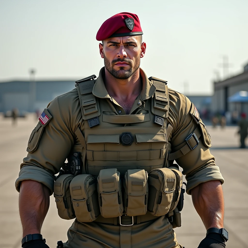 A very handsome big muscular man wearing a soldier combar uniform, with tactical gloves and paratroopers red beret, rolled up sleeves, showing biceps, background a battlefield