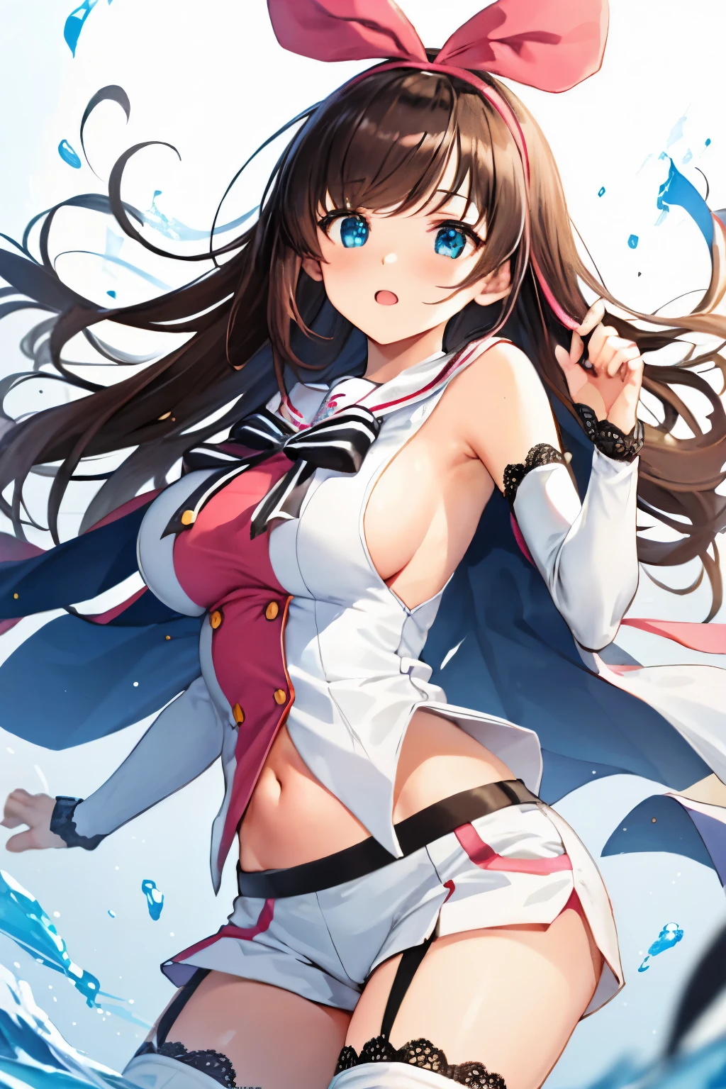 best quality, intricate details,
1girl,big breasts
 ) torn armor, underboob, tattered clothes, pauldrons, gauntlets, broken armor, belts, multiple belts, 
 kizuna ai, long hair, brown hair, multicolored hair, short shorts, floating hair, pink hairband, white shorts, detached sleeves, navel, sailor collar, streaked hair, pink hair, blue eyes, white thighhighs, medium breasts, lace-trimmed sleeves, sleeveless shirt, striped, white sailor collar, bowtie, hair bow, swept bangs, white shirt, lace-trimmed legwear,