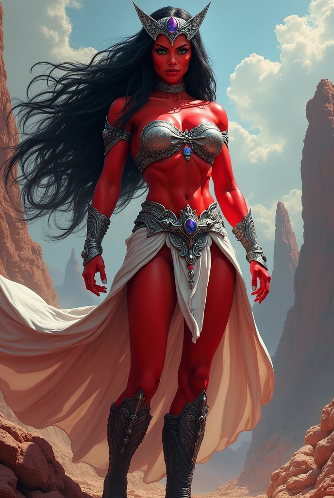 (masterpiece digital painting:1.3) of a (solo:1.3) ravishing alluring curvy chubby indian vampire woman , atop a apocalyptic mountain peak, wearing red & black shimmering armour, intricate robes, cape & skirt, full moon in background, battle ready, navel, (flowing wavy backlit hair), cinematic dramatic scene, lustful glance, (captivating kohl lined red eyes:1.3), (passionate expression:1.3) apocalyptic magical sky, dramatic lighting, depth of field, backlit, light rays, highly detailed, trending on artstation, paint splashes, rich colour, mythological portrait, by Ron hicks & greg rutkowski