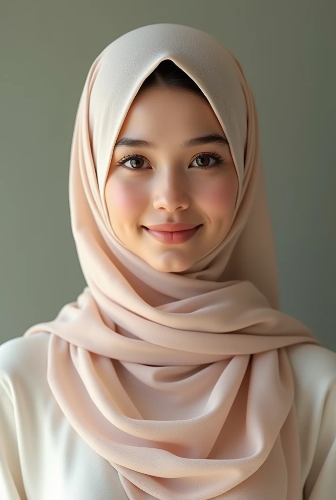 A women in hijab with dimple on right cheek while smiling, having big hazel brown eyes beautiful and natural pink soft cheeks and lips