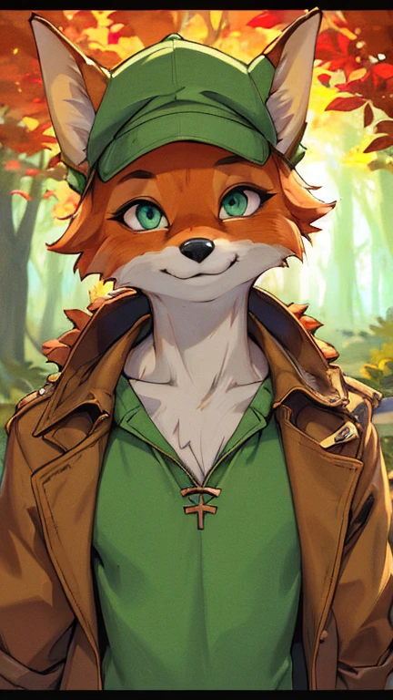 (male, solo, fox), highly insanely detailed, masterpiece, top quality, best quality, highres, 4k, 8k, RAW photo),((innocent look)),((Childish)),From the front, symmetrical composition,smile,cute,Innocent,Kind eyes,Flat chest,ArsMJStyle, Art Nouveau Style, forest, vines, autumn, (robin hood),front view, clothed, headgear, feather, green topwear, jacket,