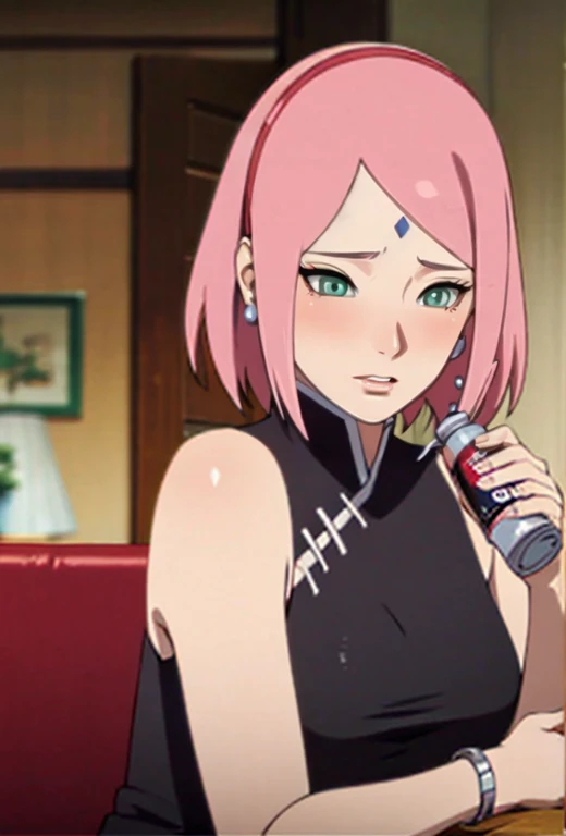 Madura sakura haruno ((whole body)), wearing red dress with a drink in her hand watching, small breasts, thin legs, pink hair, a close