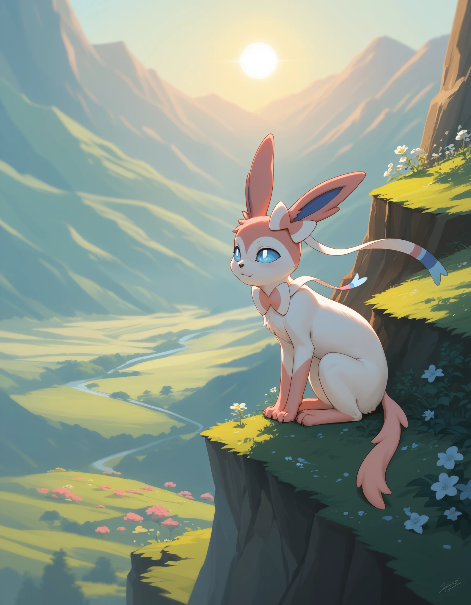 score_9, score_8_up, score_7_up, close-up, ((Sylveon)) with its delicate ribbons fluttering like streamers, perched serenely on a cliff that overlooks a lush valley filled with a dazzling array of spring flowers, sun-kissed yellows, radiant reds, and soft purples.