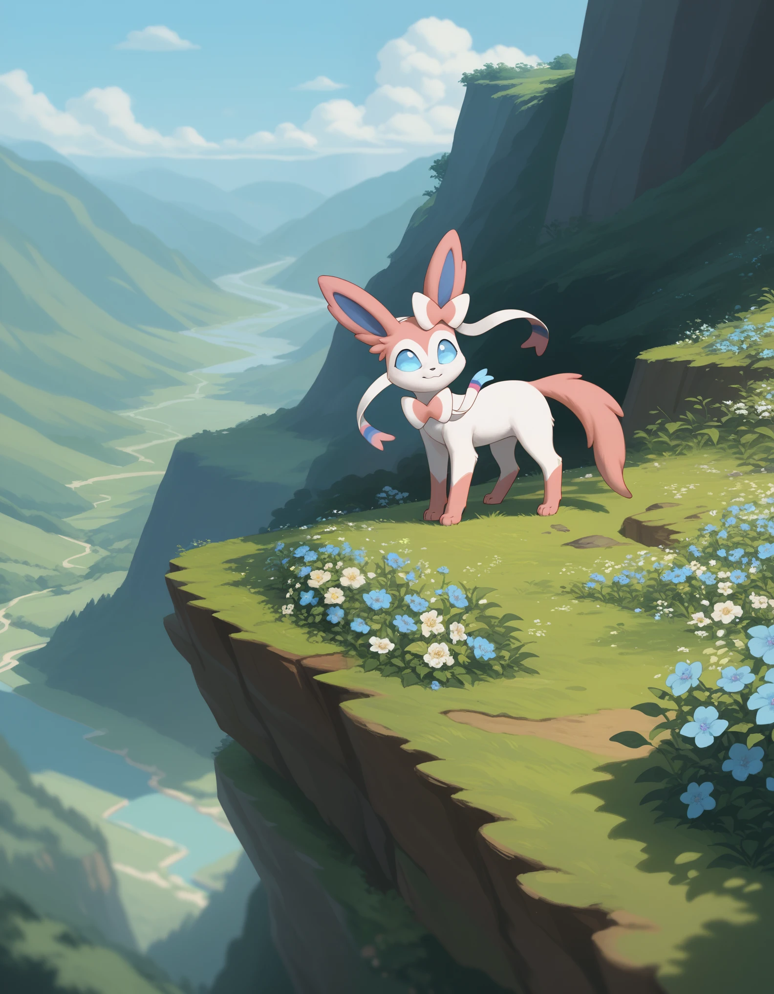 score_9, score_8_up, score_7_up, close-up, ((Sylveon)) with its delicate ribbons fluttering like streamers, perched serenely on a cliff that overlooks a lush valley filled with a dazzling array of spring flowers, sun-kissed yellows, radiant reds, and soft purples.