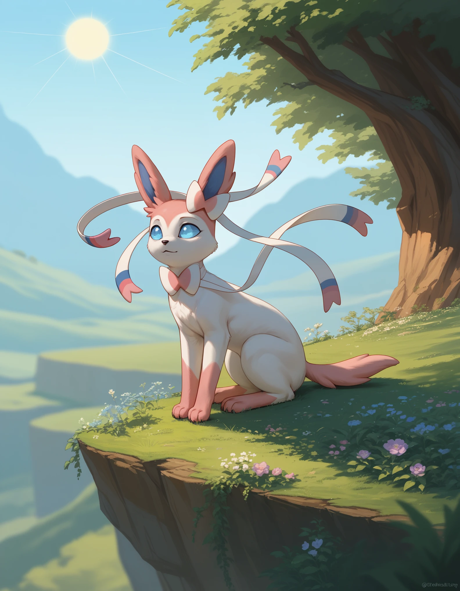 score_9, score_8_up, score_7_up, close-up, ((Sylveon)) with its delicate ribbons fluttering like streamers, perched serenely on a cliff that overlooks a lush valley filled with a dazzling array of spring flowers, sun-kissed yellows, radiant reds, and soft purples.