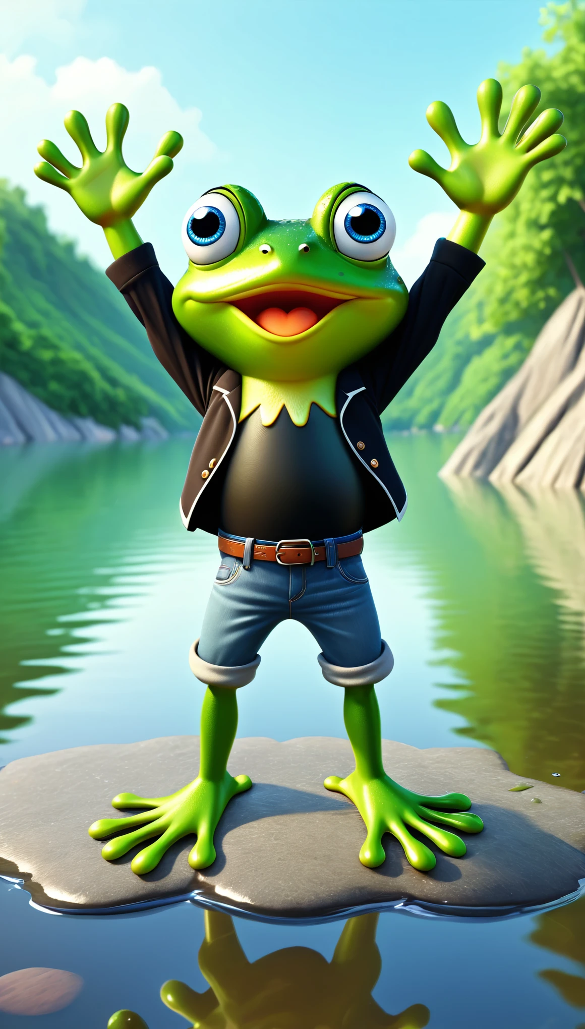 cute frog, cartoon , arms, hands ,cute eyes, looking at viewer, arms up, cute clothes, flawless, lake, water, black shirt