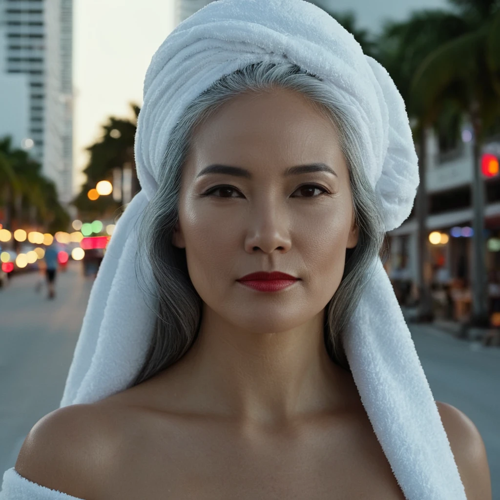 cinematic film still of bright light, bright, a middle aged sexy gray haired still very young looking Asian woman wearing only a white towel on her head completely c overing her head and she is naked full body view she i s walking around the city of Miami standing in Biscayne Boulevard in Downtown Miami High-key lighting Style, 1girl, solo, long hair,gray hair, elder, 50 years old, looking at viewer, city of Miami background, city background, bare shoulder s,white hair, lips,makeup, pale skin realistic, white theme, shallow depth of field, vignette, highly detailed, high budget, bokeh, cinemascope, moody, epic, gorgeous, film grain, grainy
